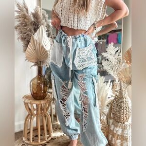 POL Light Blue Lace Patchwork Boyfriend Jeans